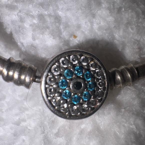 Sterling  Silver bangle charm Bracelet with evil eye clasp with blue&white stone - Picture 3 of 10